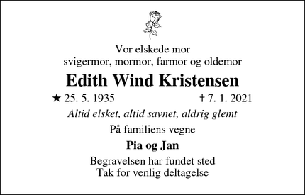 Dødsannoncen for Edith Wind Kristensen - Skovlunde