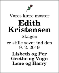 Dødsannoncen for Edith
Kristensen - Skagen