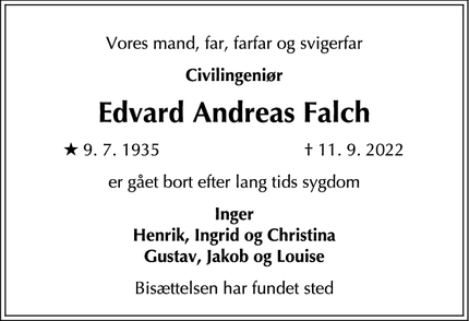 Dødsannoncen for Edvard Andreas Falch - Hørsholm