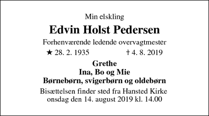 Dødsannoncen for Edvin Holst Pedersen - Horsens