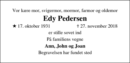 Dødsannoncen for Edy Pedersen - Suldrup