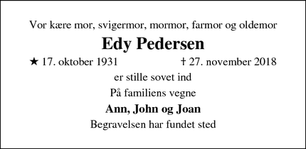 Dødsannoncen for Edy Pedersen - Suldrup
