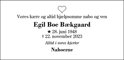 Dødsannoncen for Egil Boe Bækgaard - Kollund, Lind, Herning