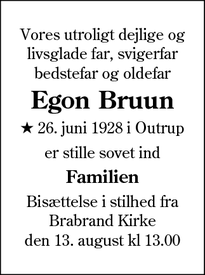 Dødsannoncen for Egon Bruun - Brabrand