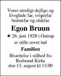 Dødsannoncen for Egon Bruun - Brabrand