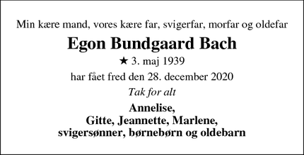Dødsannoncen for Egon Bundgaard Bach - Svogerslev