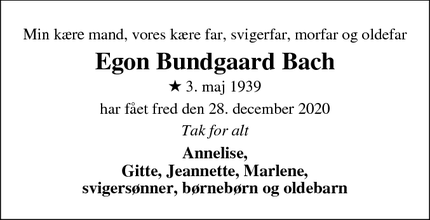 Dødsannoncen for Egon Bundgaard Bach - Svogerslev