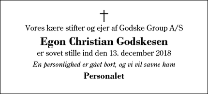 Dødsannoncen for Egon Christian Godskesen - Herning