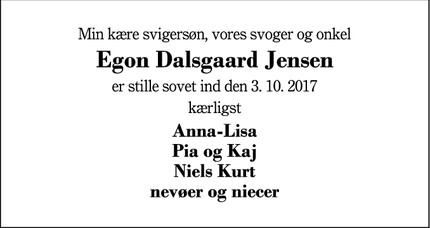 Dødsannoncen for Egon Dalsgaard Jensen - Herning