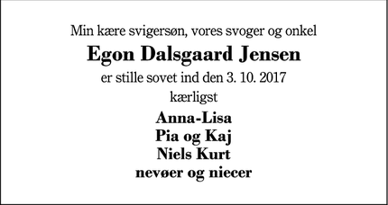 Dødsannoncen for Egon Dalsgaard Jensen - Herning