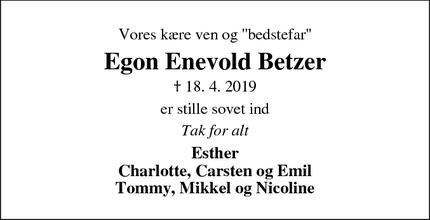 Dødsannoncen for Egon Enevold Betzer - Viborg