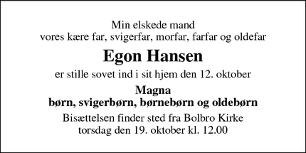 Dødsannoncen for Egon Hansen - Odense