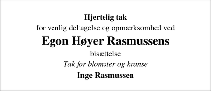 Dødsannoncen for Egon Høyer Rasmussens - Langeskov