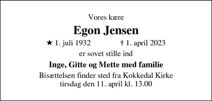 Dødsannoncen for Egon Jensen - Hørsholm