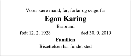 Dødsannoncen for Egon Karing - 8220 Brabrand