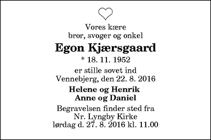 Dødsannoncen for Egon Kjærsgaard - Vennebjerg