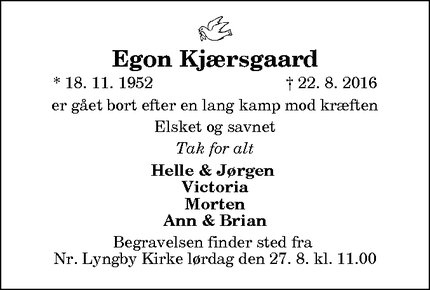 Dødsannoncen for Egon Kjærsgaard - Vennebjerg