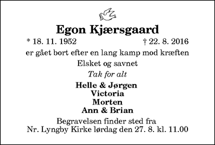 Dødsannoncen for Egon Kjærsgaard - Vennebjerg