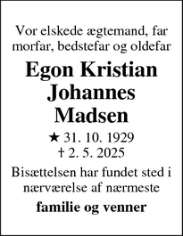 Dødsannoncen for Egon Kristian
Johannes Madsen - Stenungsund, Sverige