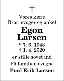 Dødsannoncen for Egon Larsen - Hjørring