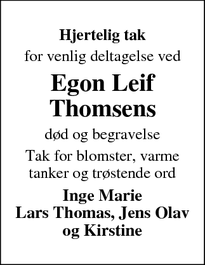 Dødsannoncen for Egon Leif Thomsens - Mejsling