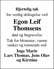 Dødsannoncen for Egon Leif Thomsens - Mejsling