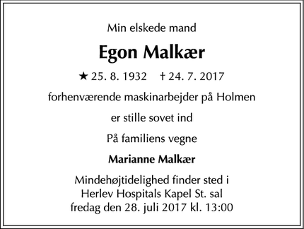 Dødsannoncen for Egon Malkær - Kalundborg