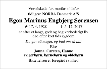 Dødsannoncen for Egon Marinus Engbjerg Sørensen - Greve