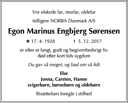 Dødsannoncen for Egon Marinus Engbjerg Sørensen - Greve