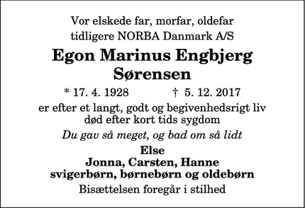 Dødsannoncen for Egon Marinus Engbjerg Sørensen - Greve