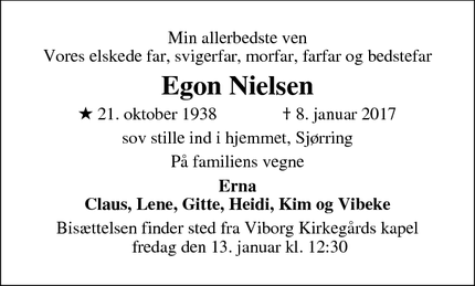 Dødsannoncen for Egon Nielsen - Sjørring, 8830 tjele