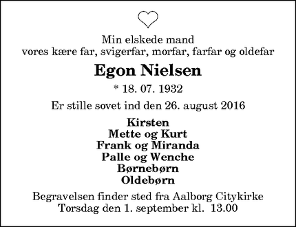 Dødsannoncen for Egon Nielsen - Ålborg
