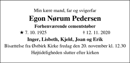 Dødsannoncen for Egon Nørum Pedersen - Østbirk