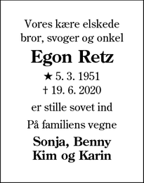Dødsannoncen for Egon Retz - Rødding