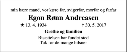 Dødsannoncen for Egon Rønn Andreasen - Glostrup