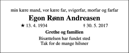 Dødsannoncen for Egon Rønn Andreasen - Glostrup