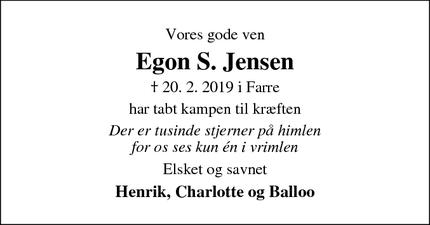 Dødsannoncen for Egon S. Jensen - Farre