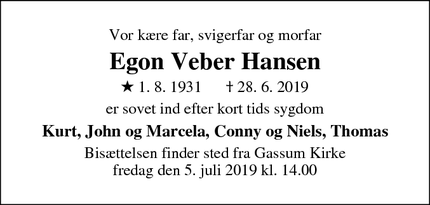 Dødsannoncen for Egon Veber Hansen - Spentrup