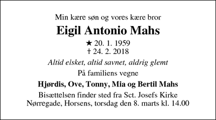 Dødsannoncen for Eigil Antonio Mahs - Juelsminde