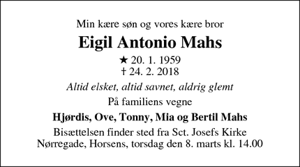 Dødsannoncen for Eigil Antonio Mahs - Juelsminde