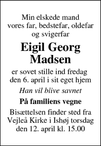 Dødsannoncen for Eigil Georg Madsen - Ishøj
