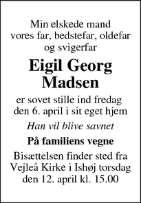Dødsannoncen for Eigil Georg Madsen - Ishøj