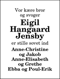 Dødsannoncen for Eigil Hangaard Jensby - morsø