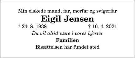 Dødsannoncen for Eigil Jensen - Hadsund