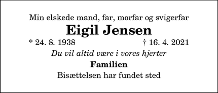 Dødsannoncen for Eigil Jensen - Hadsund