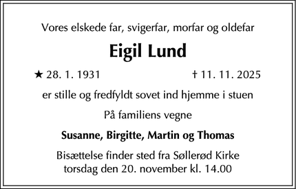 Dødsannoncen for Eigil Lund - Virum