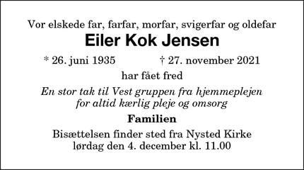 Dødsannoncen for Eiler Kok Jensen - Nysted