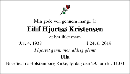Dødsannoncen for Eilif Hjortsø Kristensen - Rødvig