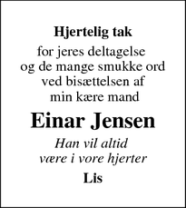 Dødsannoncen for Einar Jensen - Helsingør