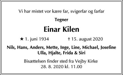Dødsannoncen for Einar Kilen - Vejby